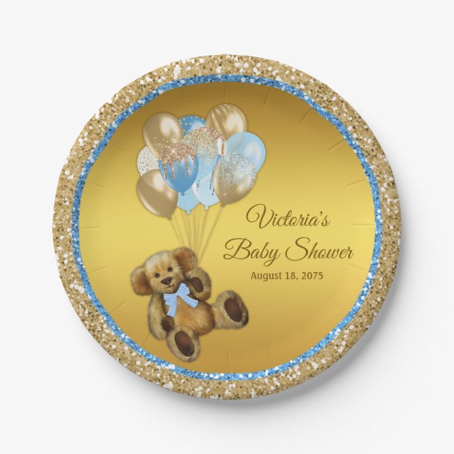 Boy Teddy Bear Balloon Baby Shower Paper Plates (Front)