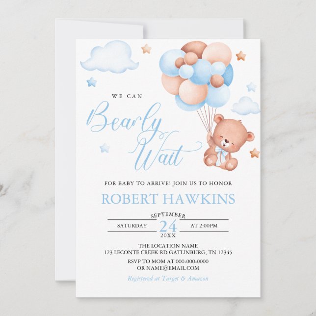 Boy Teddy Bear Balloon Bearly Wait Baby Shower Invitation (Front)