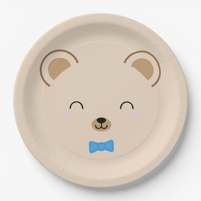 boy teddy bear BIRTHDAY PARTY blue Paper Plate (Front)