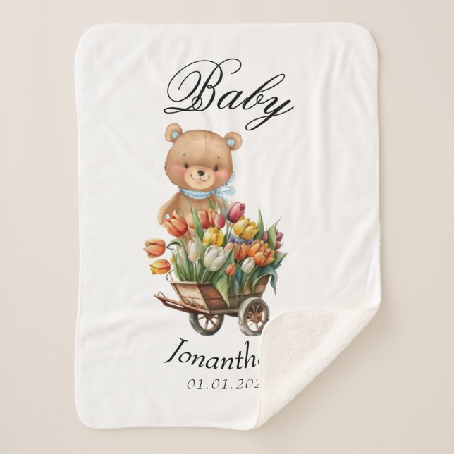 Boy Teddy Bear blue Baby Shower Floral Rustic Sherpa Blanket (Front)
