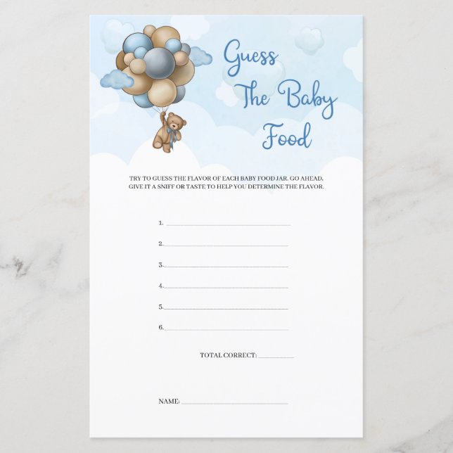 Boy teddy bear blue ballons Guess The Baby Food (Front)