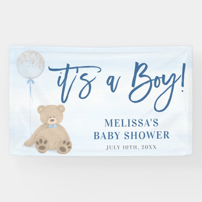 Boy Teddy Bear Blue Balloon Baby Shower Banner (Horizontal)