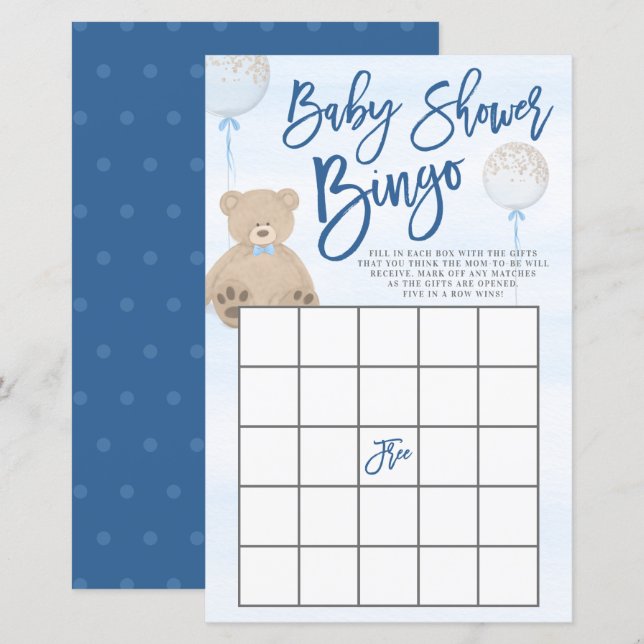 Boy Teddy Bear Blue Balloon Baby Shower Bingo (Front/Back)