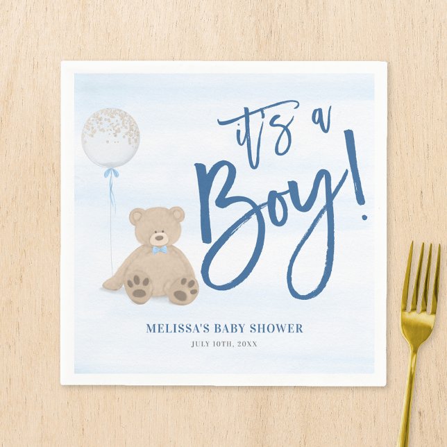 Boy Teddy Bear Blue Balloon Baby Shower Napkin (Creator Uploaded)