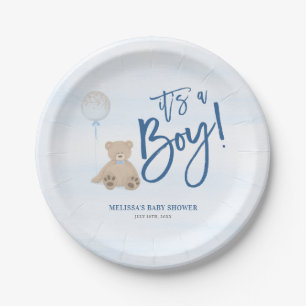Boy Teddy Bear Blue Balloon Baby Shower Paper Plate