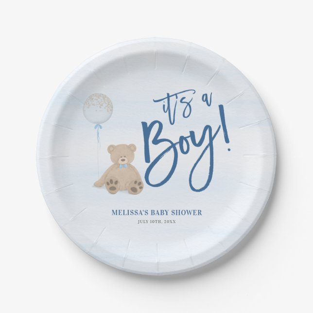 Boy Teddy Bear Blue Balloon Baby Shower Paper Plate (Front)
