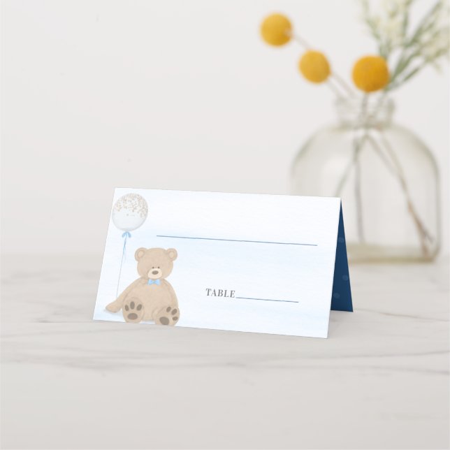 Boy Teddy Bear Blue Balloon Baby Shower Place Card (Front)