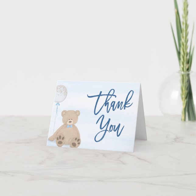 Boy Teddy Bear Blue Balloon Baby Shower Thank You Card (Front)