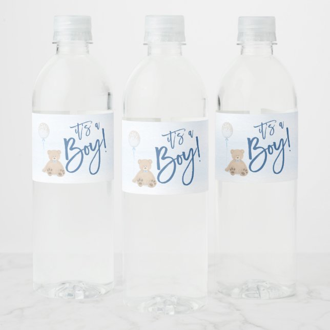 Boy Teddy Bear Blue Balloon Baby Shower Water Bottle Label (Bottles)
