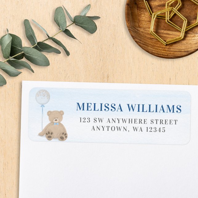 Boy Teddy Bear Blue Balloon Return Address (Creator Uploaded)