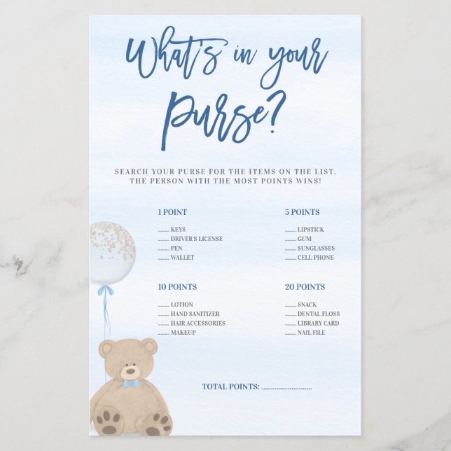 Boy Teddy Bear Blue Balloon What's in Your Purse (Front)
