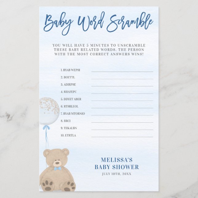 Boy Teddy Bear Blue Balloon Word Scramble Game (Front)