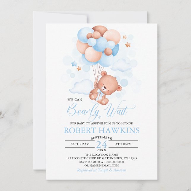 Boy Teddy Bear Blue Balloons Baby Shower Invitation (Front)