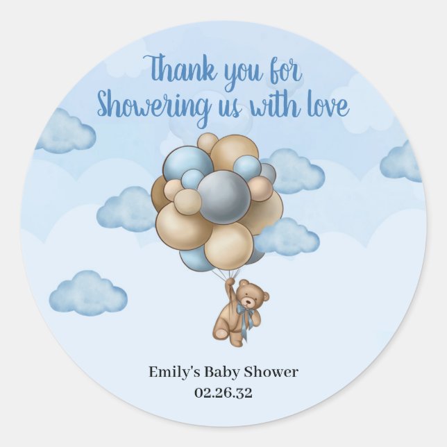Boy Teddy bear blue brown beige balloons  Classic Round Sticker (Front)