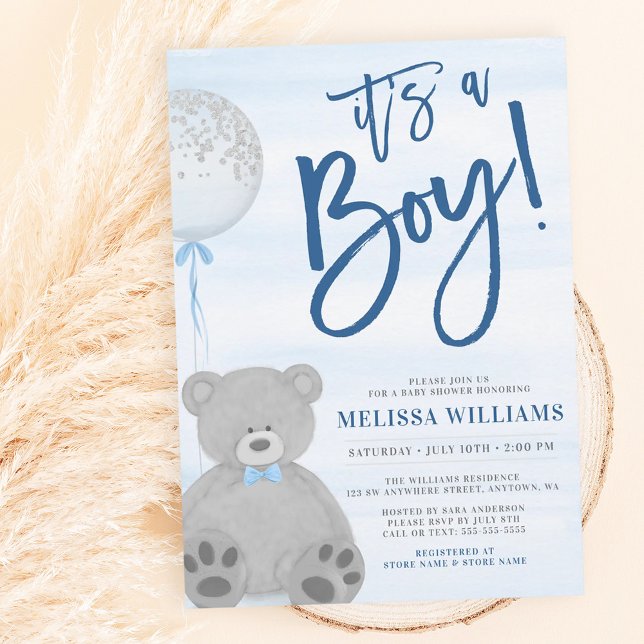 Boy Teddy Bear Blue Gray Balloon Baby Shower Invitation (Creator Uploaded)