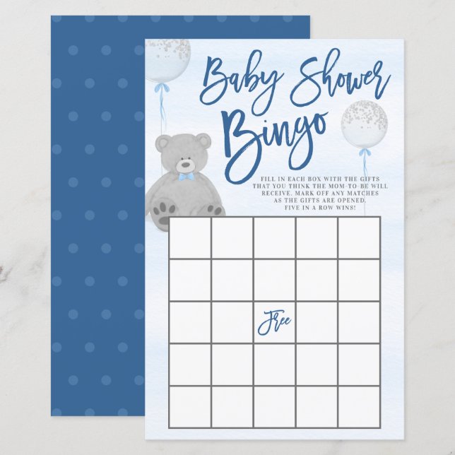Boy Teddy Bear Blue Grey Balloon Baby Shower Bingo (Front/Back)