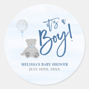 Boy Teddy Bear Blue Grey Balloon Baby Shower Classic Round Sticker