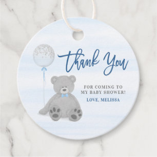 Boy Teddy Bear Blue Grey Balloon Baby Shower Favour Tags