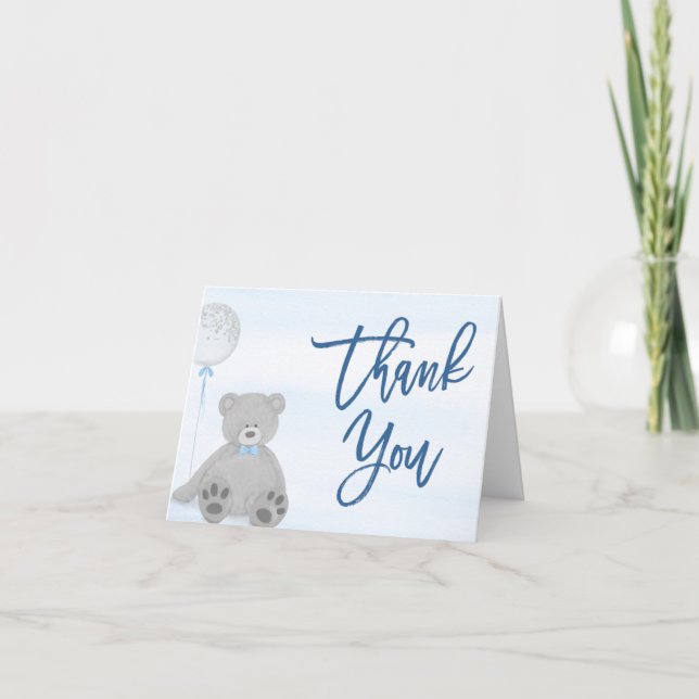 Boy Teddy Bear Blue Grey Balloon Baby Shower Thank You Card (Front)