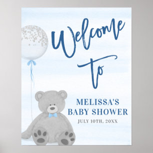 Boy Teddy Bear Blue Grey Balloon Welcome Sign