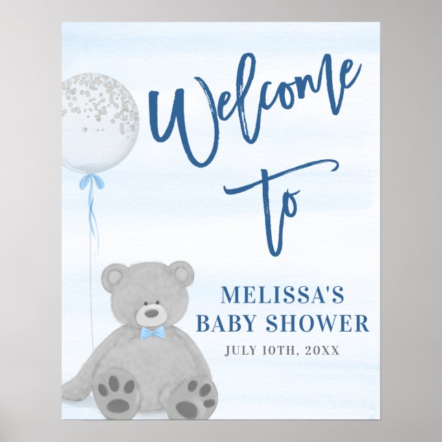 Boy Teddy Bear Blue Grey Balloon Welcome Sign (Front)