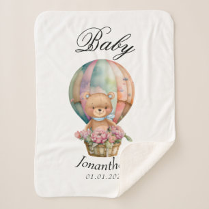Boy Teddy Bear blue Hot Air Balloon Baby Shower Sherpa Blanket