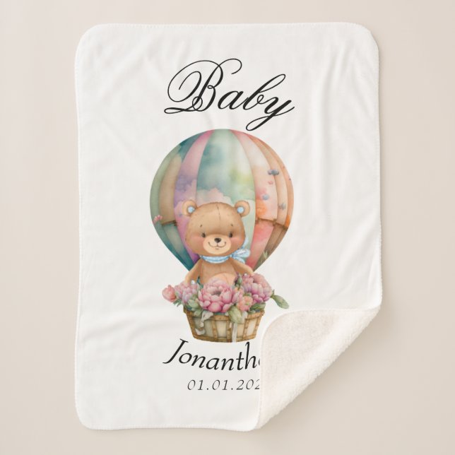 Boy Teddy Bear blue Hot Air Balloon Baby Shower Sherpa Blanket (Front)