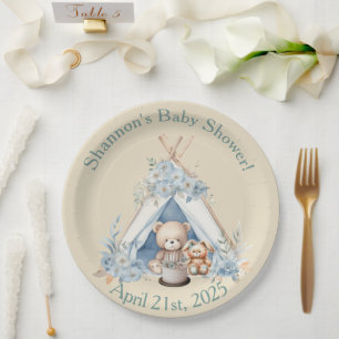 Boy Teddy Bear, Bunny in Teepee Tent Baby Shower Paper Plate