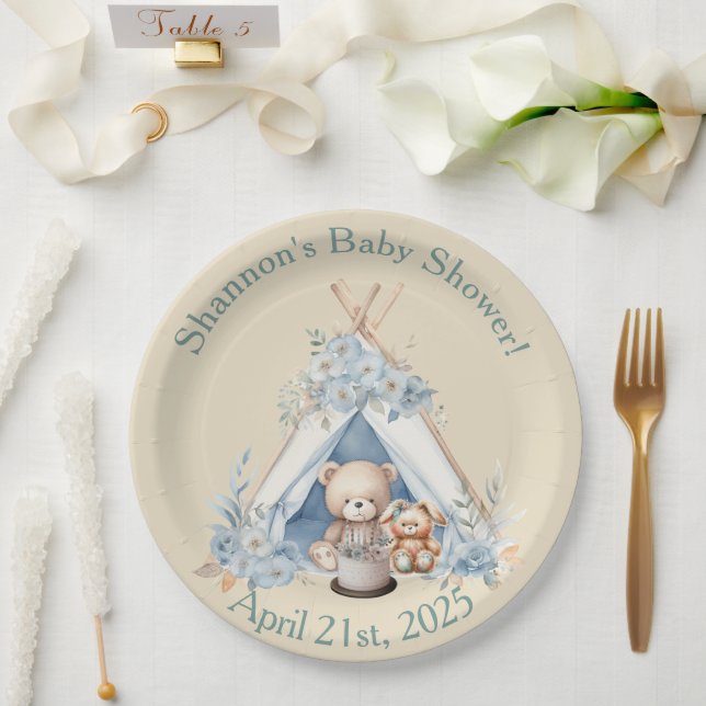 Boy Teddy Bear, Bunny in Teepee Tent Baby Shower Paper Plate (Wedding)