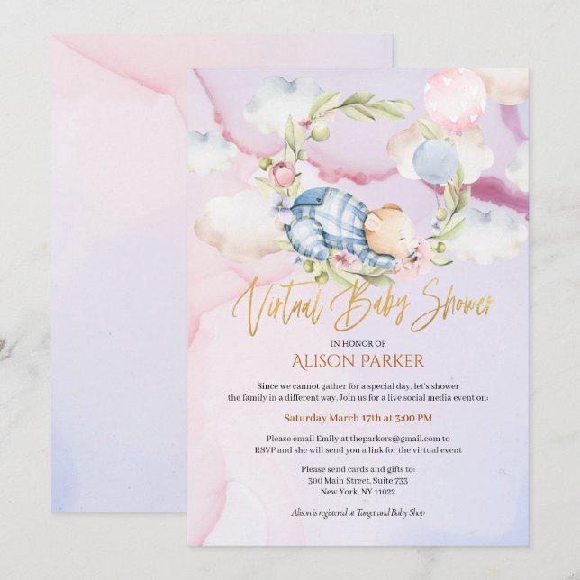 Boy Teddy Bear Cute Virtual Baby Shower Invitation (Front/Back)