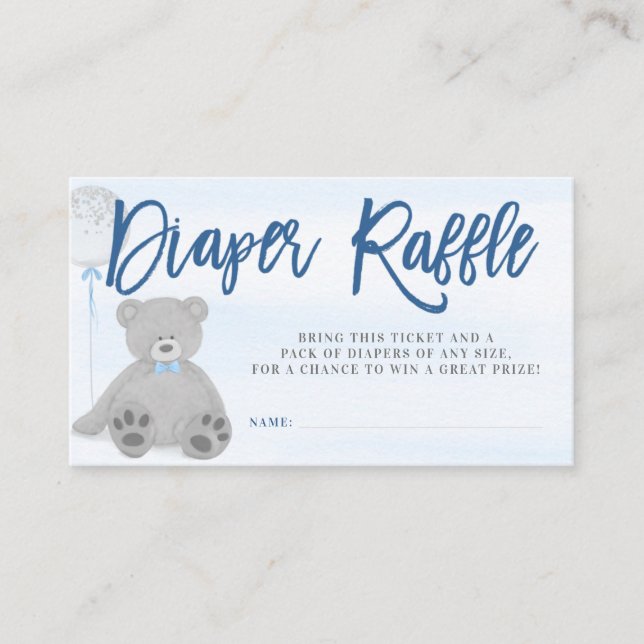 Boy Teddy Bear Grey Balloon Diaper Raffle Ticket Enclosure Card (Front)