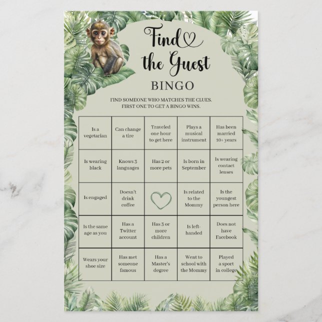 Boy teddy bear pampas grass Find The Guest Bingo (Front)