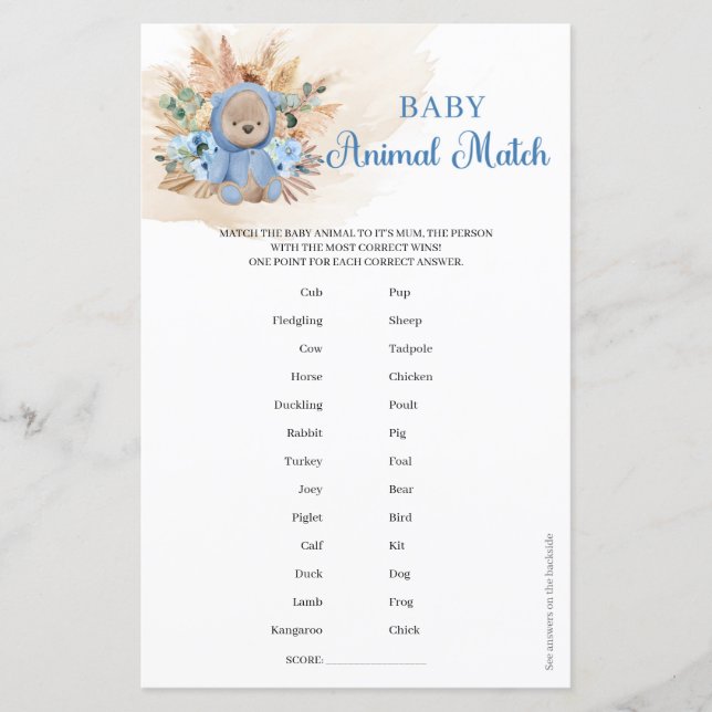 Boy Teddy bear tropical flowers Baby Animal Match  (Front)