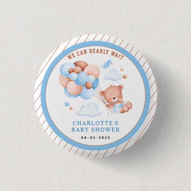 Boy Teddy Bear “We Can Bearly Wait” Baby Shower 3 Cm Round Badge (Front)