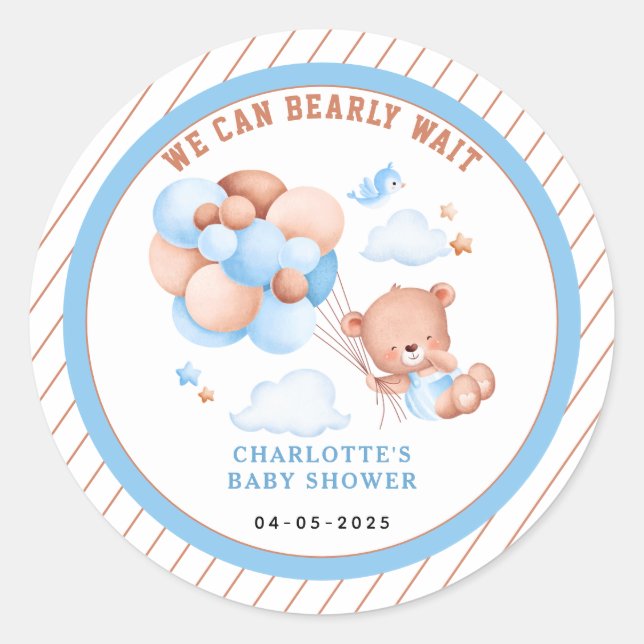 Boy Teddy Bear “We Can Bearly Wait” Baby Shower Classic Round Sticker (Front)