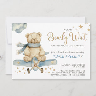 Boy Teddy Bear We Can Bearly Wait Baby Shower Invitation