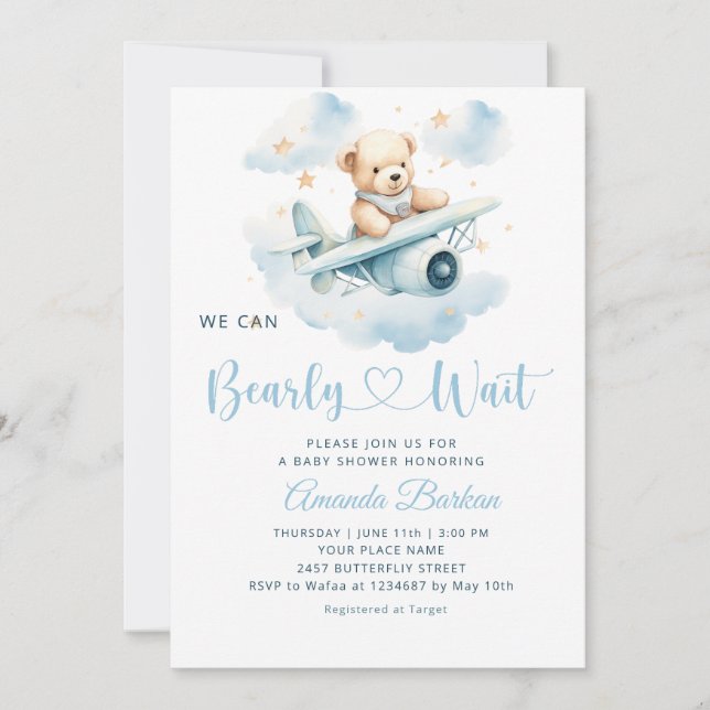 Boy Teddy Bear We Can Bearly Wait Baby Shower Invitation (Front)