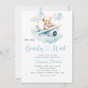Boy Teddy Bear We Can Bearly Wait Baby Shower Invitation