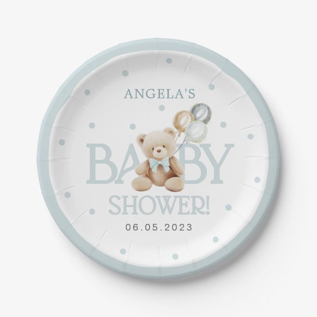 Boy Teddy Bear We Can Bearly Wait Baby Shower Paper Plate (Front)