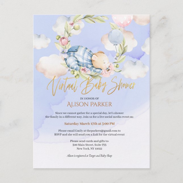 Boy Teddy Bear Woodland Virtual Baby Shower Invita Postcard (Front)