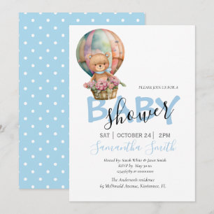 Boy Teddy Bearly Wait Hot Air Balloon Blue Announcement