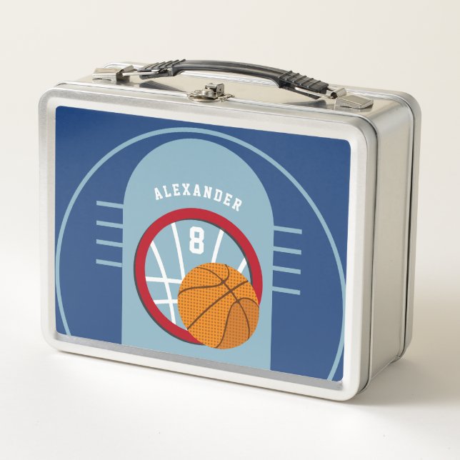 Boy Teen Basketball Court Ball Hoop Blue Kids Metal Lunch Box (Front)