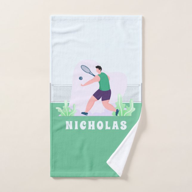Boy Tennis Player Silhouette Green Grass Kids Name Hand Towel (Hand Towel)