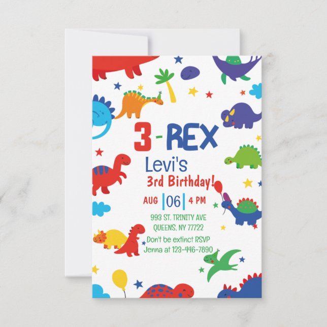 boy Three Rex 3rd Dinosaur Birthday  Invitation (Front)
