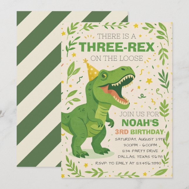 Boy Three-Rex Dinosaur Birthday Invitation (Front/Back)
