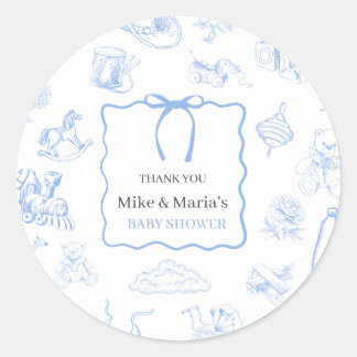 Boy Toile De Jouy Blue Baby Shower Classic Round Sticker