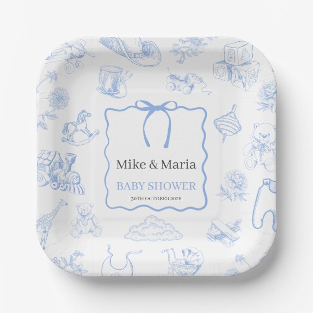 Boy Toile De Jouy Blue Baby Shower Paper Plate (Front)