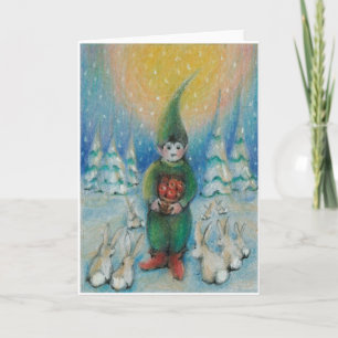 Boy tomte feeds snow bunnies with his Xmas Apples Holiday Card