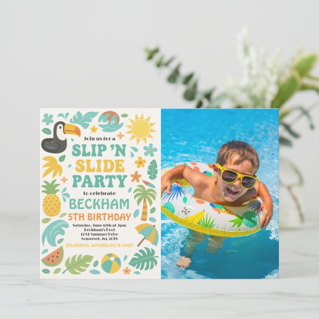 Boy Tropical Slip ’N’ Slide Birthday Party Photo Invitation (Standing Front)