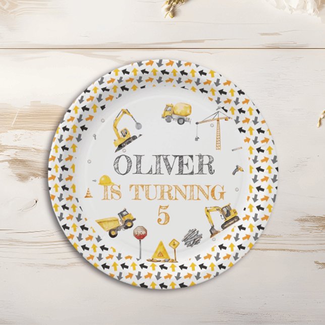 Boy Truck Construction Party Birthday Yellow Grey Paper Plate (Creator Uploaded)
